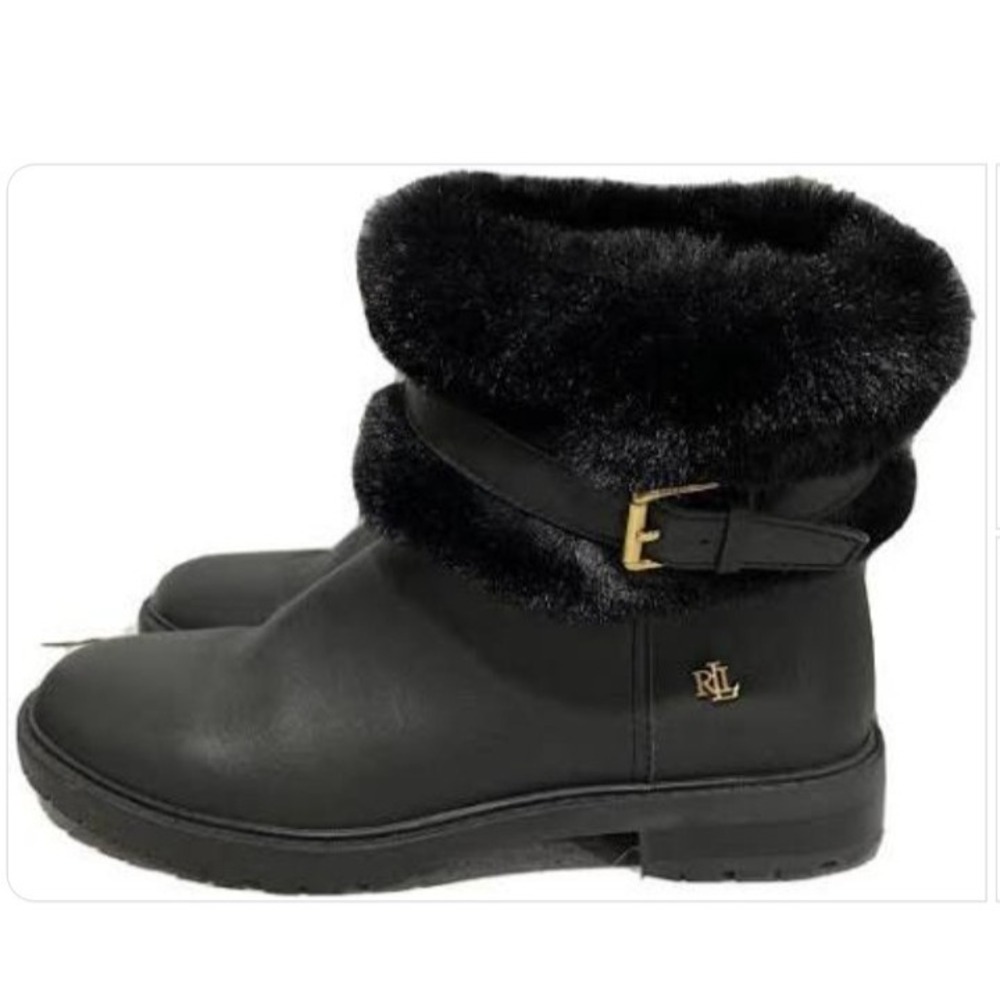 Lauren Ralph Lauren Leather Black Fur Logo Boots Booties‎ 9.5 EUC Gold Hardware